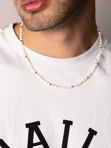 Nialaya Men's Necklace Men's Mini Pearl Choker with Gold Plating 18 Inches / 45.72 cm MNEC_225